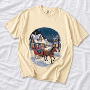 Comfort Colors Horse Sleigh Christmas Shirt, Retro Christmas Village Tee, Snowy Sleigh Ride T-shirt, Christmas Horse Shirt Women, Sleigh Tee