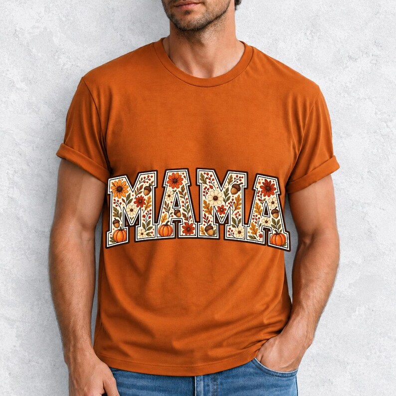 Arched varsity word MAMA filled with fall flowers and acorns in cream, rust and mustard