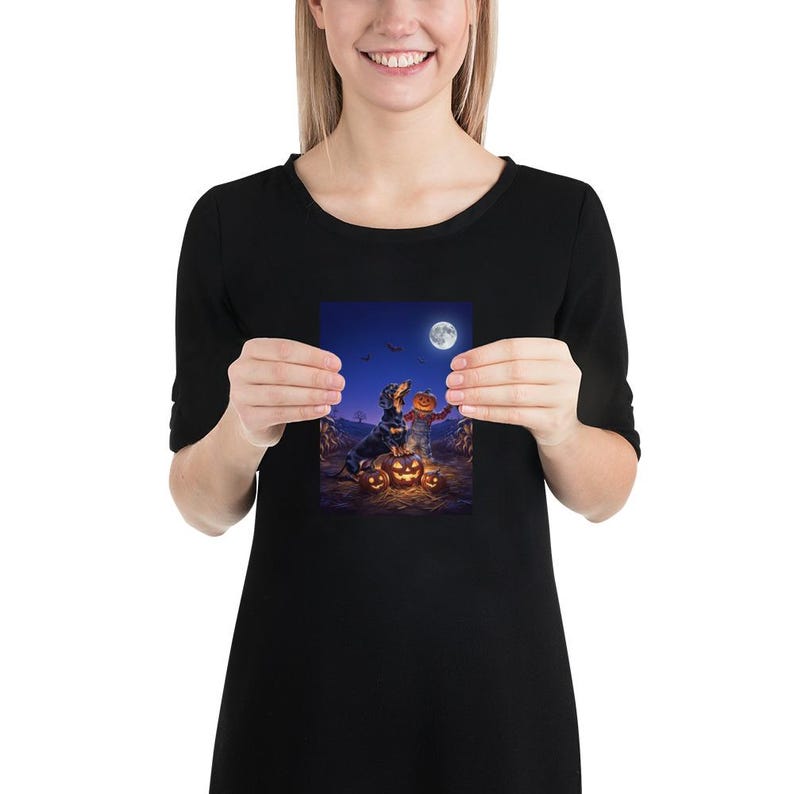 Moonlit Dachshund Halloween Poster 5x7, Spooky Wiener Dog Wall Art, Pumpkin Patch Decor, Dog Lover Gift