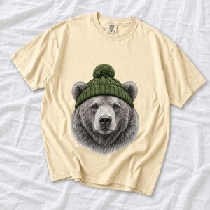 Comfort Colors Bear Beanie Shirt, Sketch Bear Winter Tee, Grizzly Bear Green Beanie T-shirt, Cabin Bear Lover Shirt Gift, Bear Tee