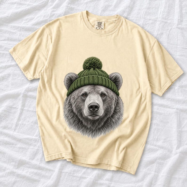 Comfort Colors Bear Beanie Shirt, Sketch Bear Winter Tee, Grizzly Bear Green Beanie T-shirt, Cabin Bear Lover Shirt Gift, Bear Tee