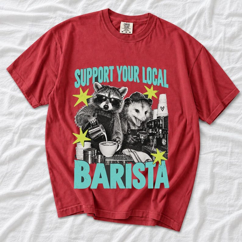 Raccoon and opossum behind an espresso machine, zine collage, text "Support Your Local Barista"