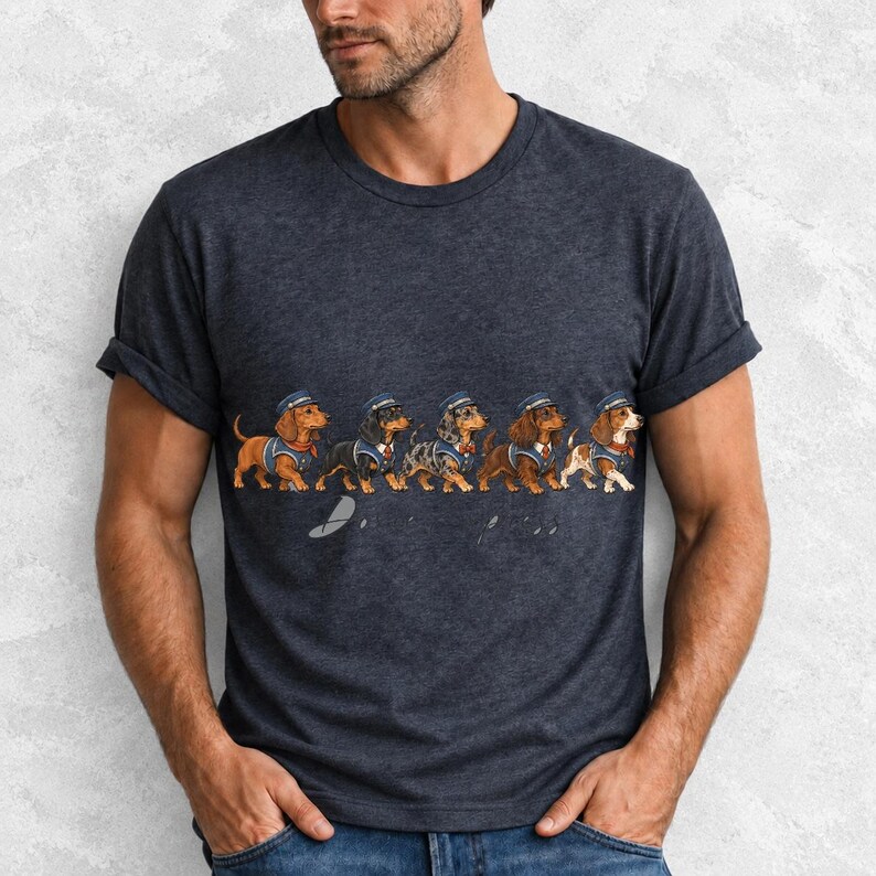 Illustrated dachshunds in conductor hats lined up like a train, text Doxie Express