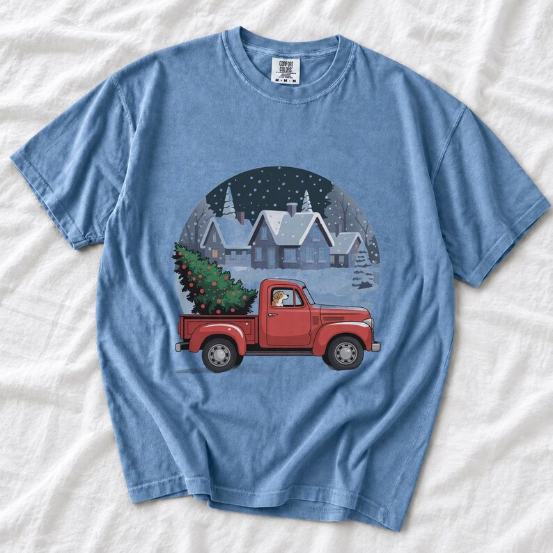 Comfort Colors Red Truck Christmas Tree Shirt, Retro Christmas Truck Tee, Snowy Village Red Truck T-shirt, Farmhouse Christmas Shirt