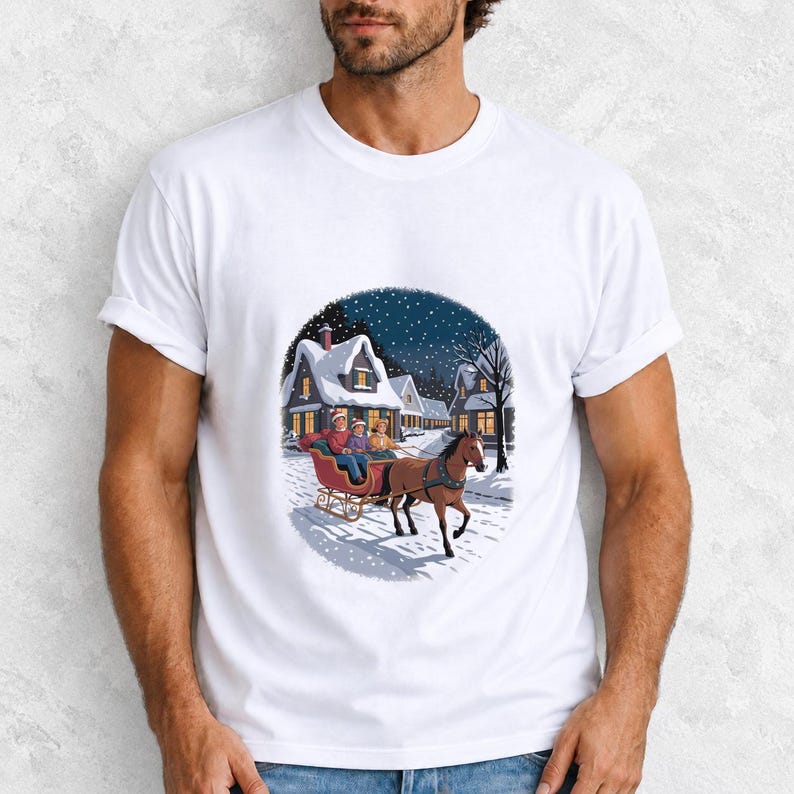 Comfort Colors Horse Sleigh Christmas Shirt, Retro Christmas Village Tee, Snowy Sleigh Ride T-shirt, Christmas Horse Shirt Women, Sleigh Tee