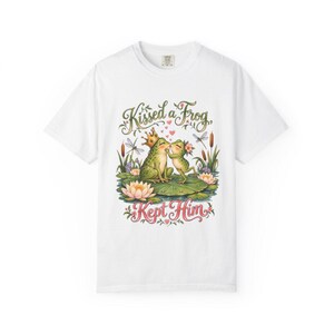 Comfort Colors Frog Couple Shirt, Kissed a Frog Kept Him Tee, Funny Frog Prince T-shirt, Cottagecore Frog Love Shirt, Women Frog Tee — Printify product mockup