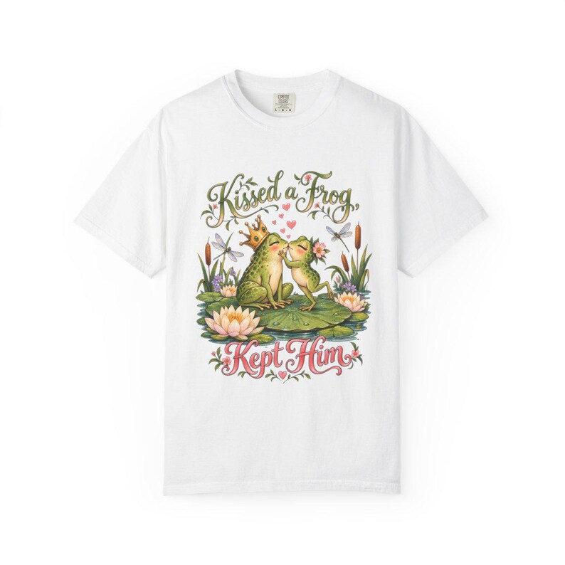 Comfort Colors Frog Couple Shirt, Kissed a Frog Kept Him Tee, Funny Frog Prince T-shirt, Cottagecore Frog Love Shirt, Women Frog Tee — Printify product mockup