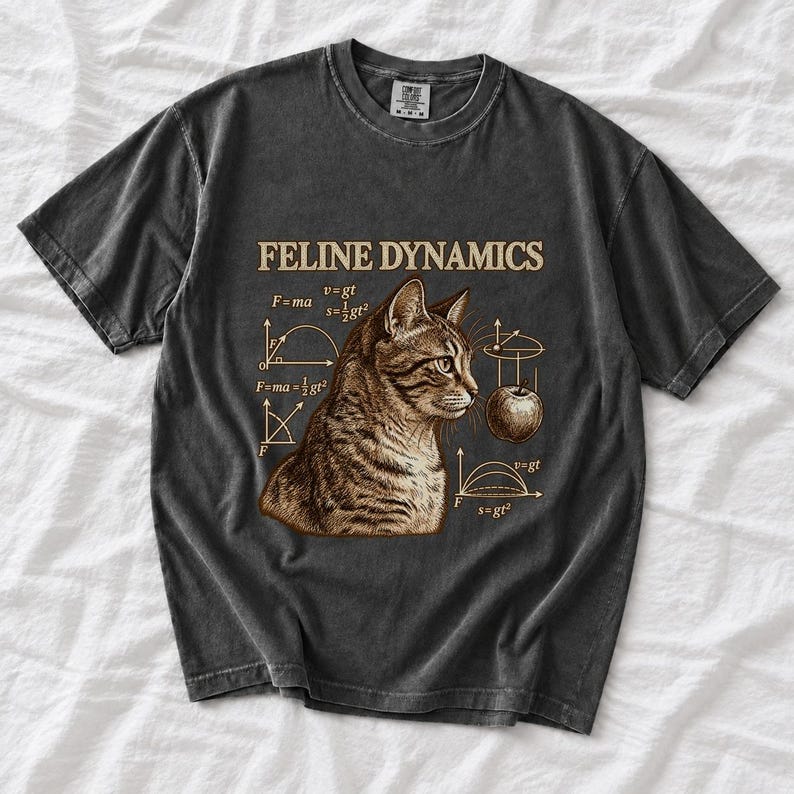 Comfort Colors Science Cat Shirt, Feline Dynamics Tee, Retro Physics Cat T-shirt, Physics Teacher Cat Tee, Engraved Tabby Cat Shirt