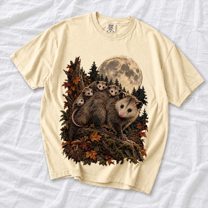 Mother opossum with babies on her back under a full moon and autumn leaves, dark realistic woodland illustration