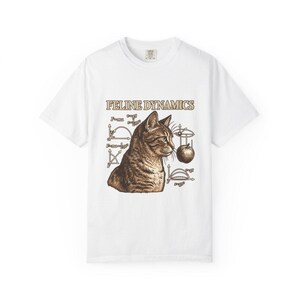 Comfort Colors Science Cat Shirt, Feline Dynamics Tee, Retro Physics Cat T-shirt, Physics Teacher Cat Tee, Engraved Tabby Cat Shirt — Printify product mockup
