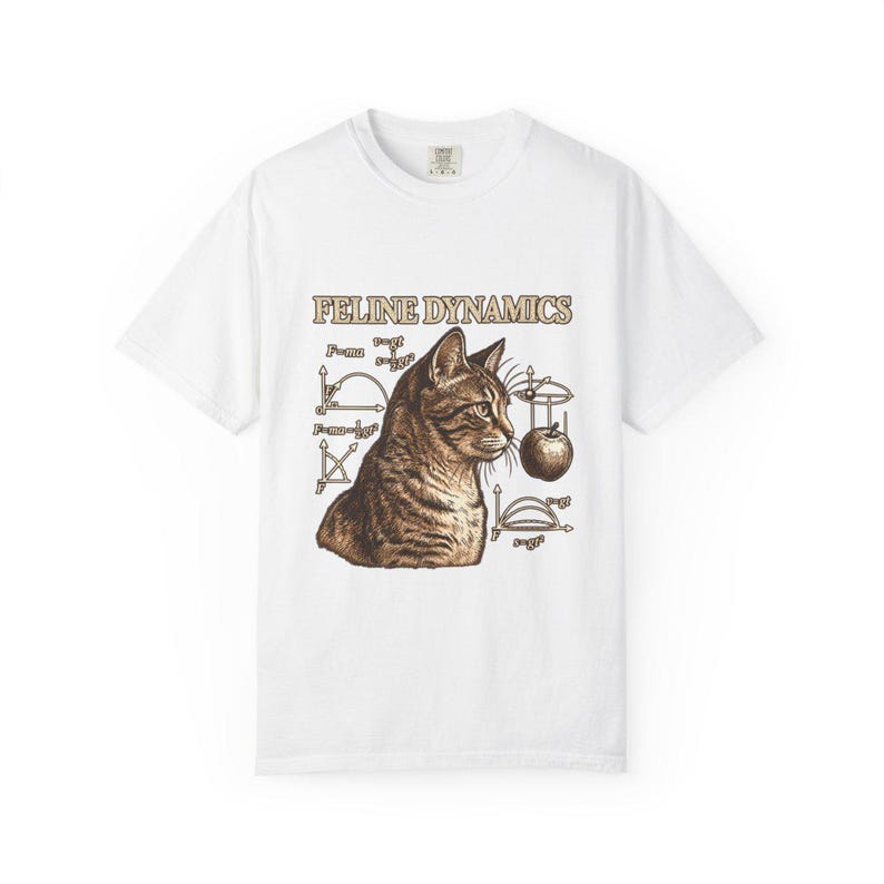 Comfort Colors Science Cat Shirt, Feline Dynamics Tee, Retro Physics Cat T-shirt, Physics Teacher Cat Tee, Engraved Tabby Cat Shirt — Printify product mockup