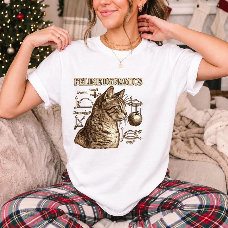 Comfort Colors Science Cat Shirt, Feline Dynamics Tee, Retro Physics Cat T-shirt, Physics Teacher Cat Tee, Engraved Tabby Cat Shirt