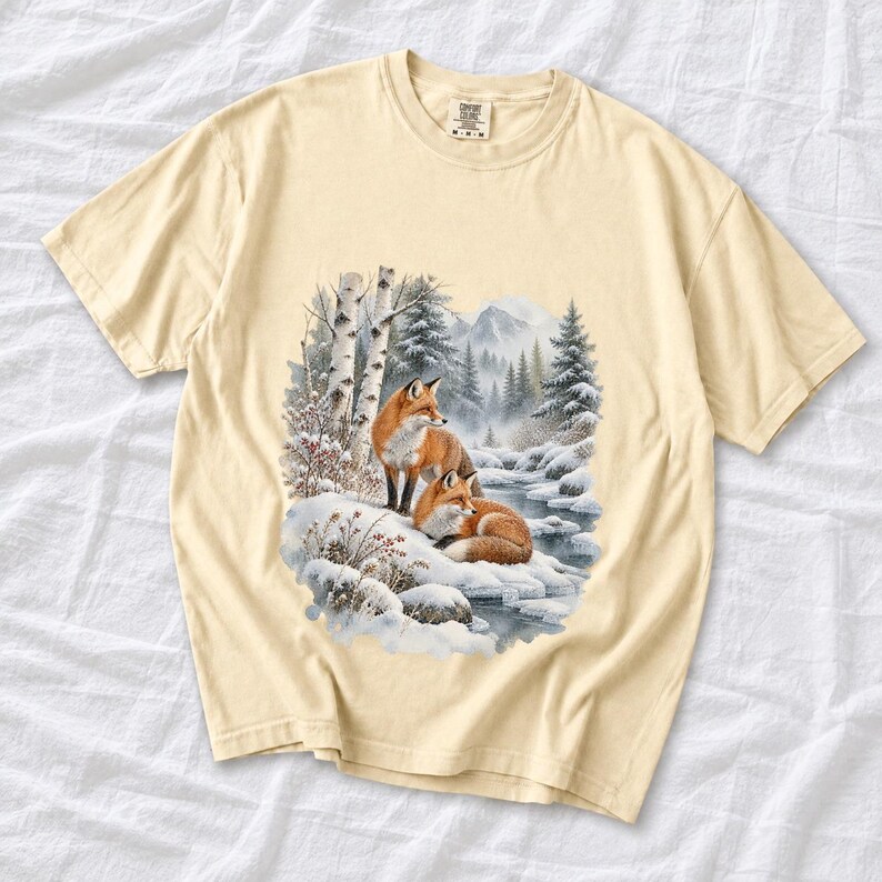 Comfort Colors Winter Fox Shirt, Watercolor Red Fox Tee, Snowy Forest Fox T-shirt, Fox Lover Nature Shirt Gift, Birch Forest Fox Tee