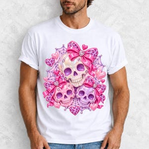 Puffy glossy 3D pink skulls with bows, hearts, cobwebs and rhinestones in coquette style
