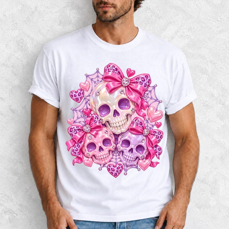 Puffy glossy 3D pink skulls with bows, hearts, cobwebs and rhinestones in coquette style