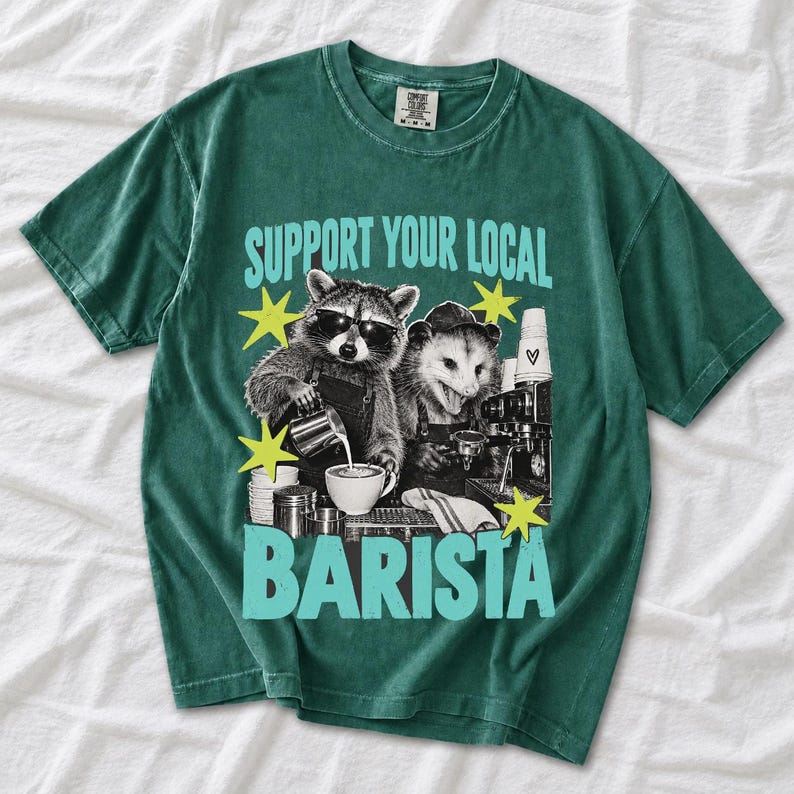 Raccoon and opossum behind an espresso machine, zine collage, text "Support Your Local Barista"