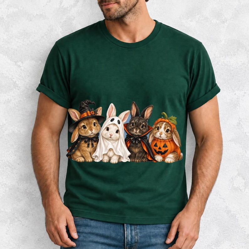 Realistic illustration of four bunnies in witch, ghost, vampire cape and pumpkin costumes in a row