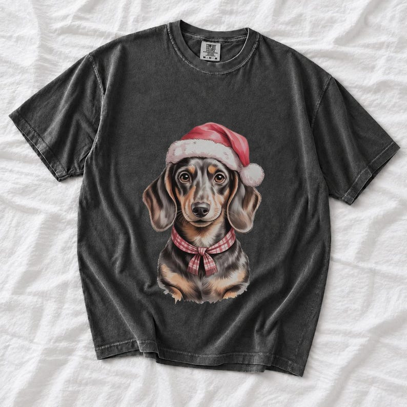 Comfort Colors Dachshund Santa Hat Shirt, Watercolor Doxie Christmas Tee, Dachshund Christmas T-shirt, Doxie Mom Holiday Shirt