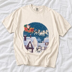 Comfort Colors Santa Sleigh Huskies Shirt, Christmas Village Husky Tee, Retro Santa Sled Dogs T-shirt, Husky Lover Holiday Shirt, Husky Tee