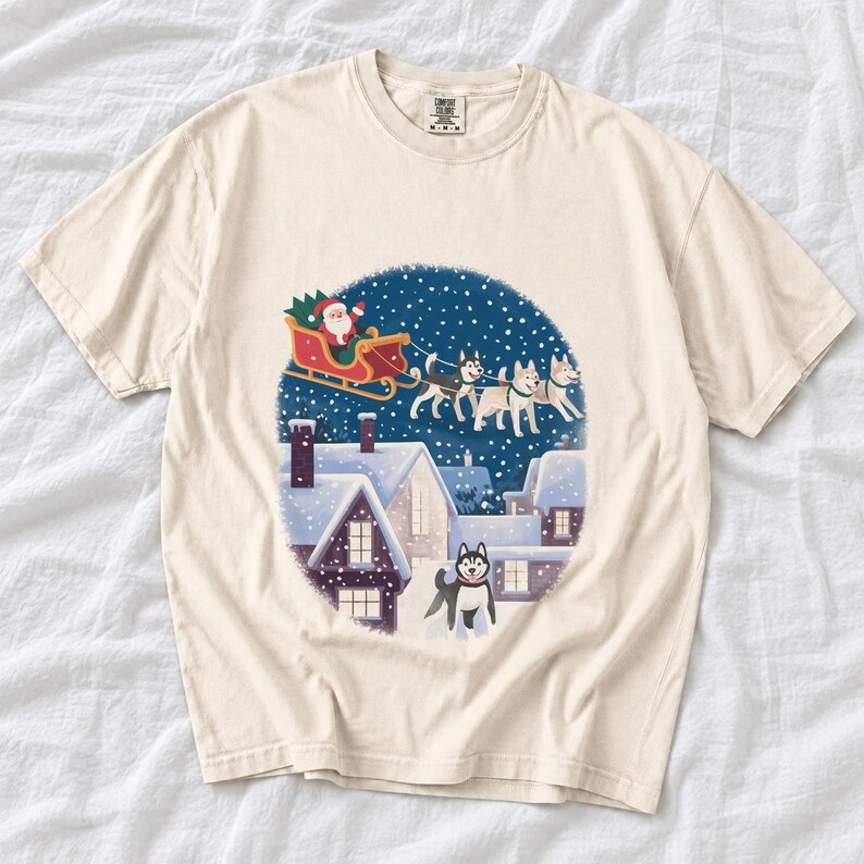 Comfort Colors Santa Sleigh Huskies Shirt, Christmas Village Husky Tee, Retro Santa Sled Dogs T-shirt, Husky Lover Holiday Shirt, Husky Tee