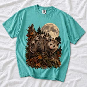 Mother opossum with babies on her back under a full moon and autumn leaves, dark realistic woodland illustration
