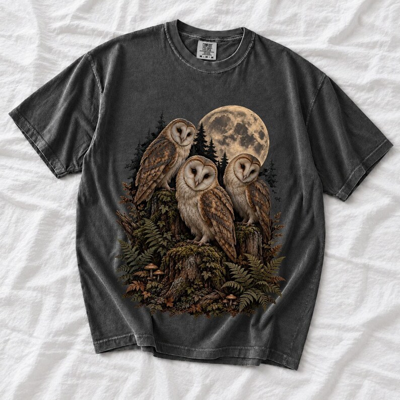 Three barn owls on a mossy stump under a huge full moon with ferns and mushrooms, dark realistic forest illustration