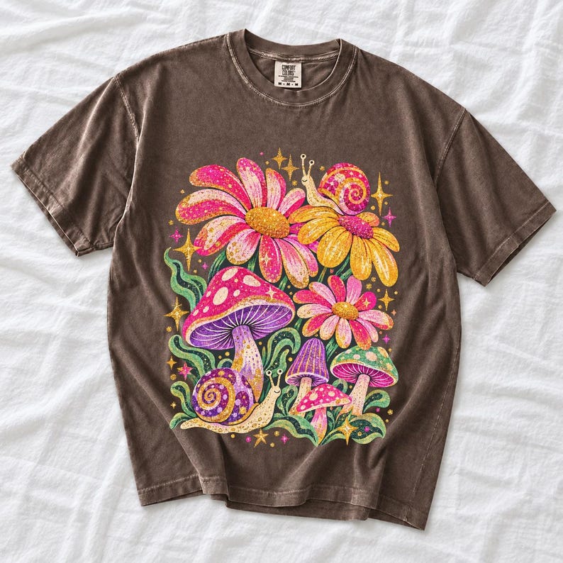 Retro 70s psychedelic glitter daisies and snails with groovy stars in pink, mustard, violet and mint