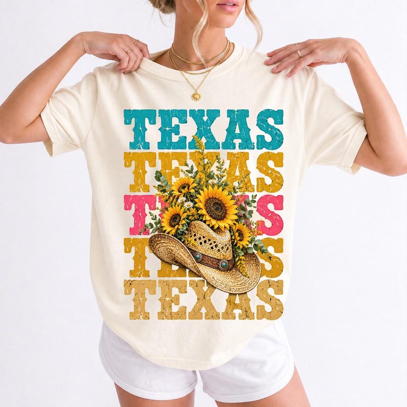Straw cowboy hat full of sunflowers over a five-line stacked TEXAS word in retro western colors