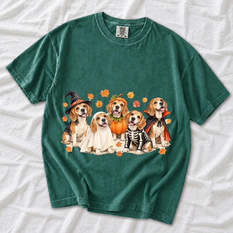 Five watercolor beagles in witch, ghost, pumpkin, skeleton and vampire costumes with floating autumn leaves