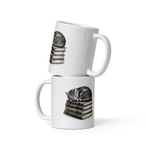 Tabby Cat Mug, Cat Sleeping on Books Coffee Mug, Bookish Cat Lover Cup, Cute Tabby Cat Mug, Cat Mom Coffee Mug Gift image 2