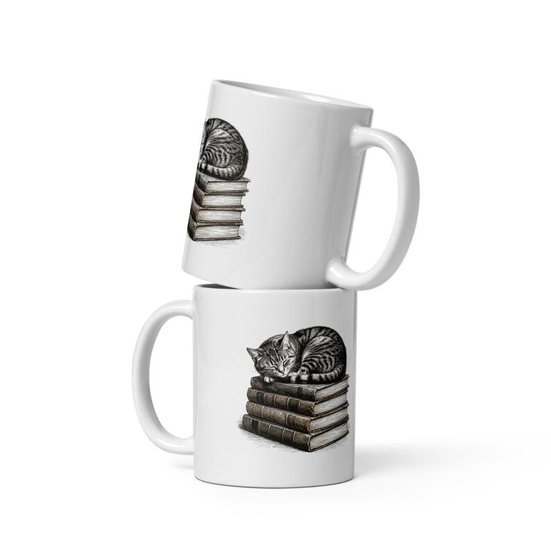 Tabby Cat Mug, Cat Sleeping on Books Coffee Mug, Bookish Cat Lover Cup, Cute Tabby Cat Mug, Cat Mom Coffee Mug Gift image 2