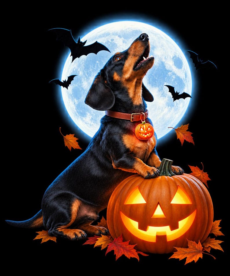 Dachshund Halloween Shirt, Howling Wiener Dog Tee, Comfort Colors Doxie T-shirt, Pumpkin Patch Dachshund Shirt image 4