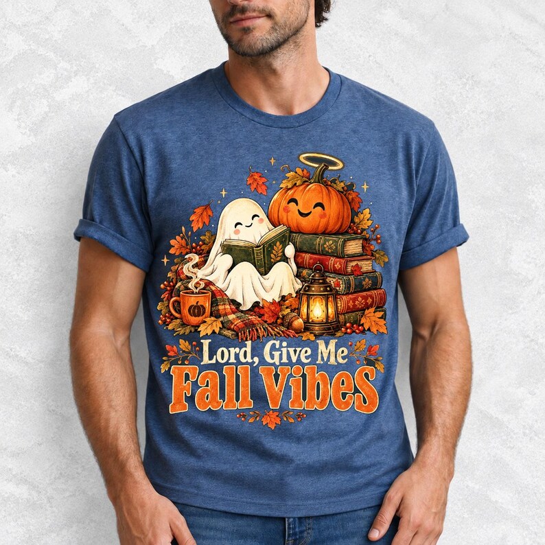Smiling pumpkin with a halo beside a stack of books and a lantern, text "Lord, Give Me Fall Vibes", retro fall illustration