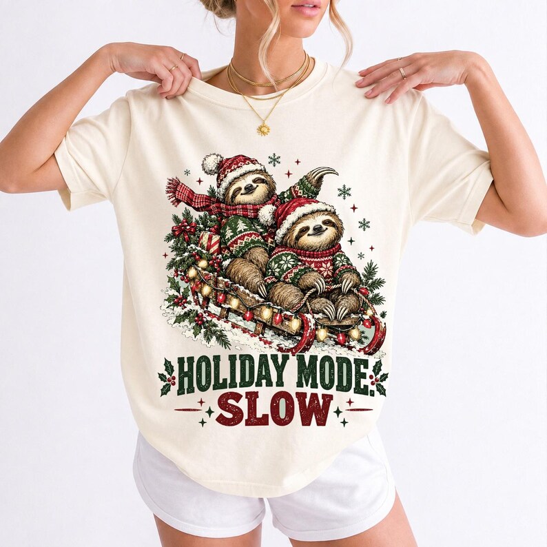 Two sloths in ugly sweaters riding a sled with lights and the text Holiday Mode: Slow