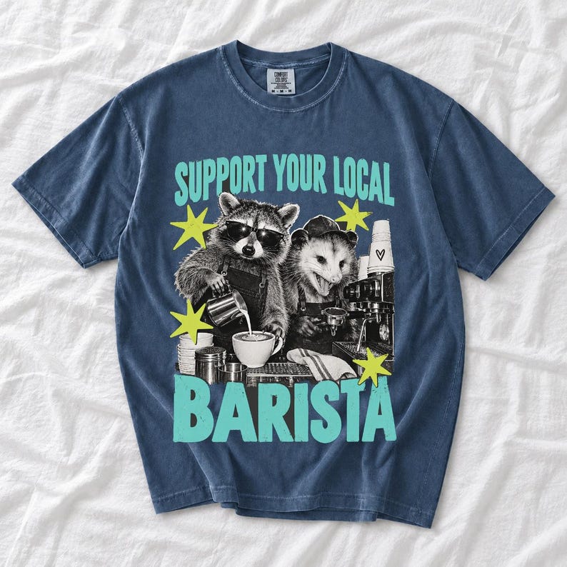 Raccoon and opossum behind an espresso machine, zine collage, text "Support Your Local Barista"