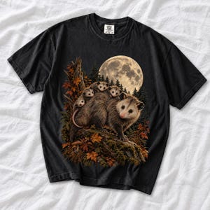 Mother opossum with babies on her back under a full moon and autumn leaves, dark realistic woodland illustration