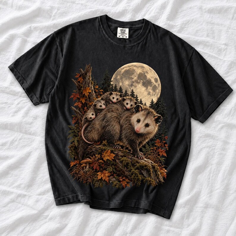 Mother opossum with babies on her back under a full moon and autumn leaves, dark realistic woodland illustration