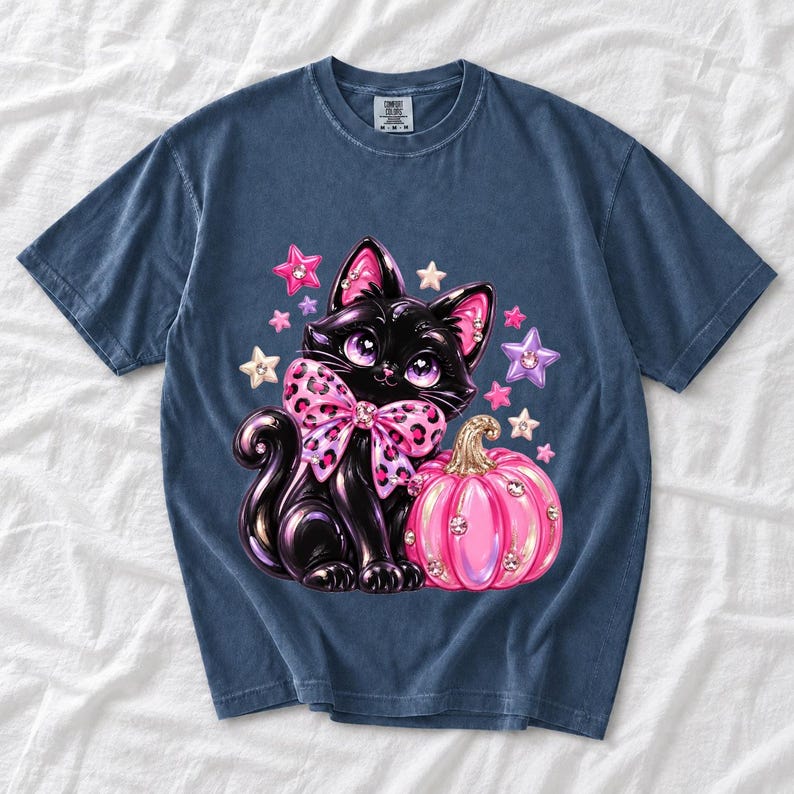 Puffy 3D black cat with a leopard bow beside a glossy pumpkin and stars in coquette style