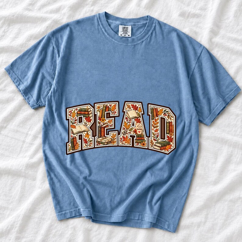 Arched varsity word READ filled with tiny books and autumn leaves in cream, rust and mustard