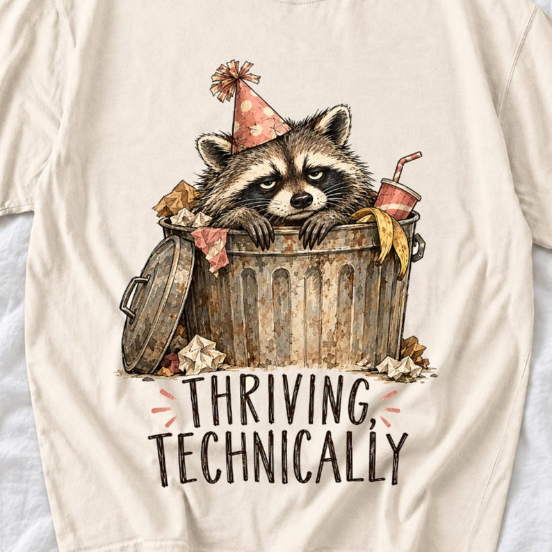 Raccoon in a paper party hat peeking out of a trash can with the text "Thriving, Technically", sepia watercolor sketch