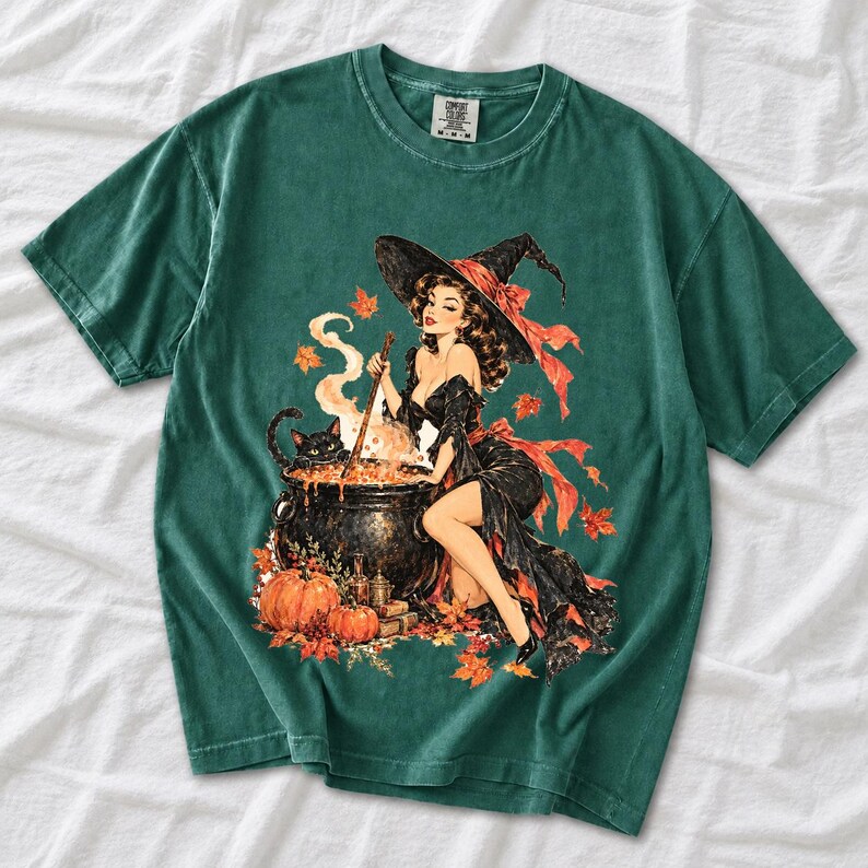 Retro 1950s pin-up witch winking while stirring a cauldron with a black cat peeking over the rim, autumn leaves