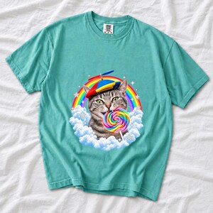 Rainbow Cat Lollipop Propeller Beanie Comfort Colors Shirt product mockup, image 3