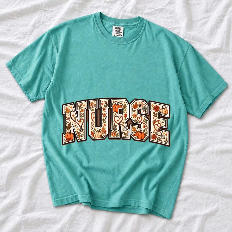 Arched varsity word NURSE filled with autumn leaves, stethoscopes and pumpkins in cream, rust and mustard