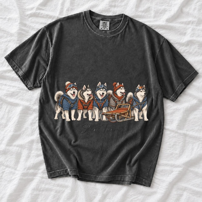 Illustrated huskies in ski gear lined up with a sled, text Sled Team