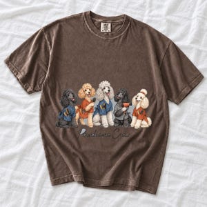 Illustrated poodles in salon smocks with brushes and a hair dryer, text Pawdicure Crew