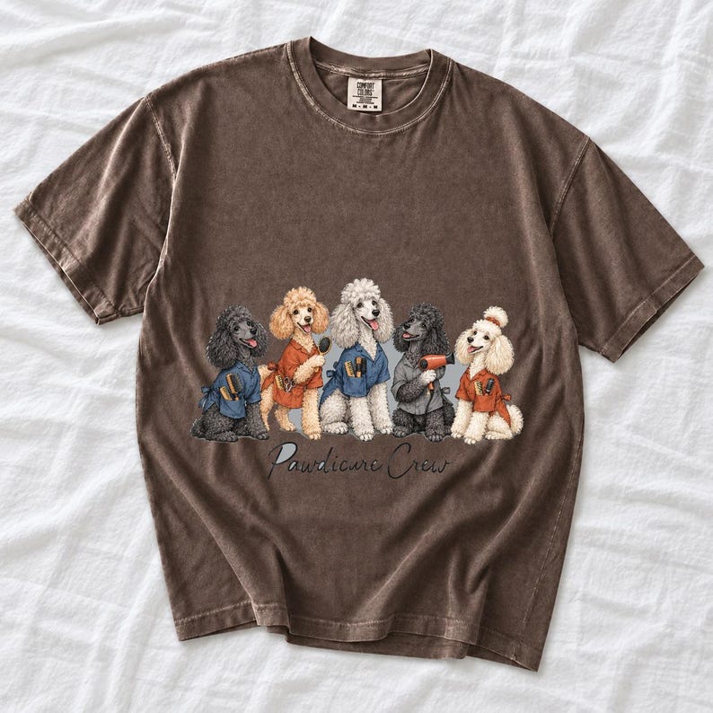 Illustrated poodles in salon smocks with brushes and a hair dryer, text Pawdicure Crew