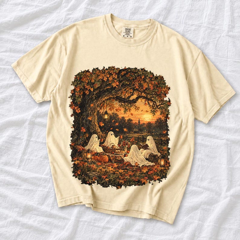 Vintage oil painting of sheet ghosts having a picnic under oak trees with falling autumn leaves at golden hour