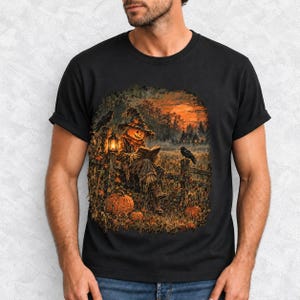 Vintage oil painting of a pumpkin-headed scarecrow reading by lantern in a misty field at dusk with crows on a fence