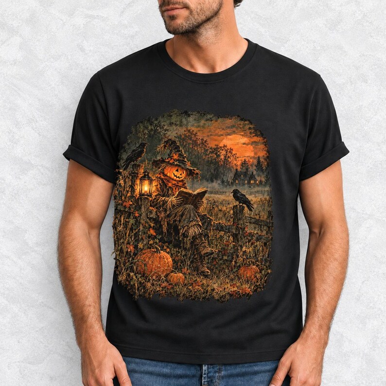 Vintage oil painting of a pumpkin-headed scarecrow reading by lantern in a misty field at dusk with crows on a fence