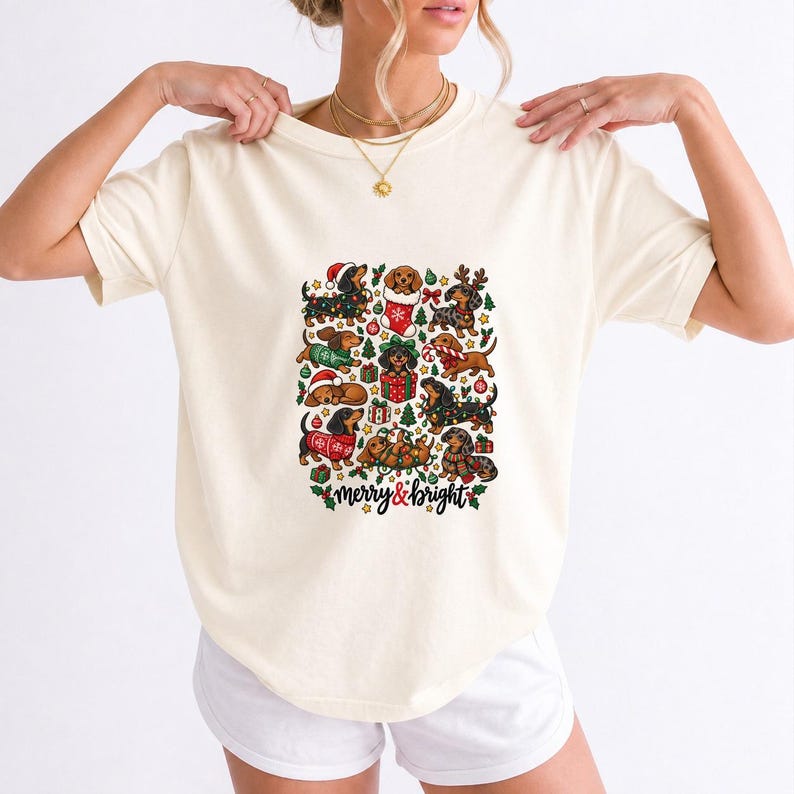 Comfort Colors Merry and Bright Dachshund Shirt, Christmas Doxie Tee, Cute Wiener Dog Christmas T-shirt, Dachshund Mom Holiday Shirt